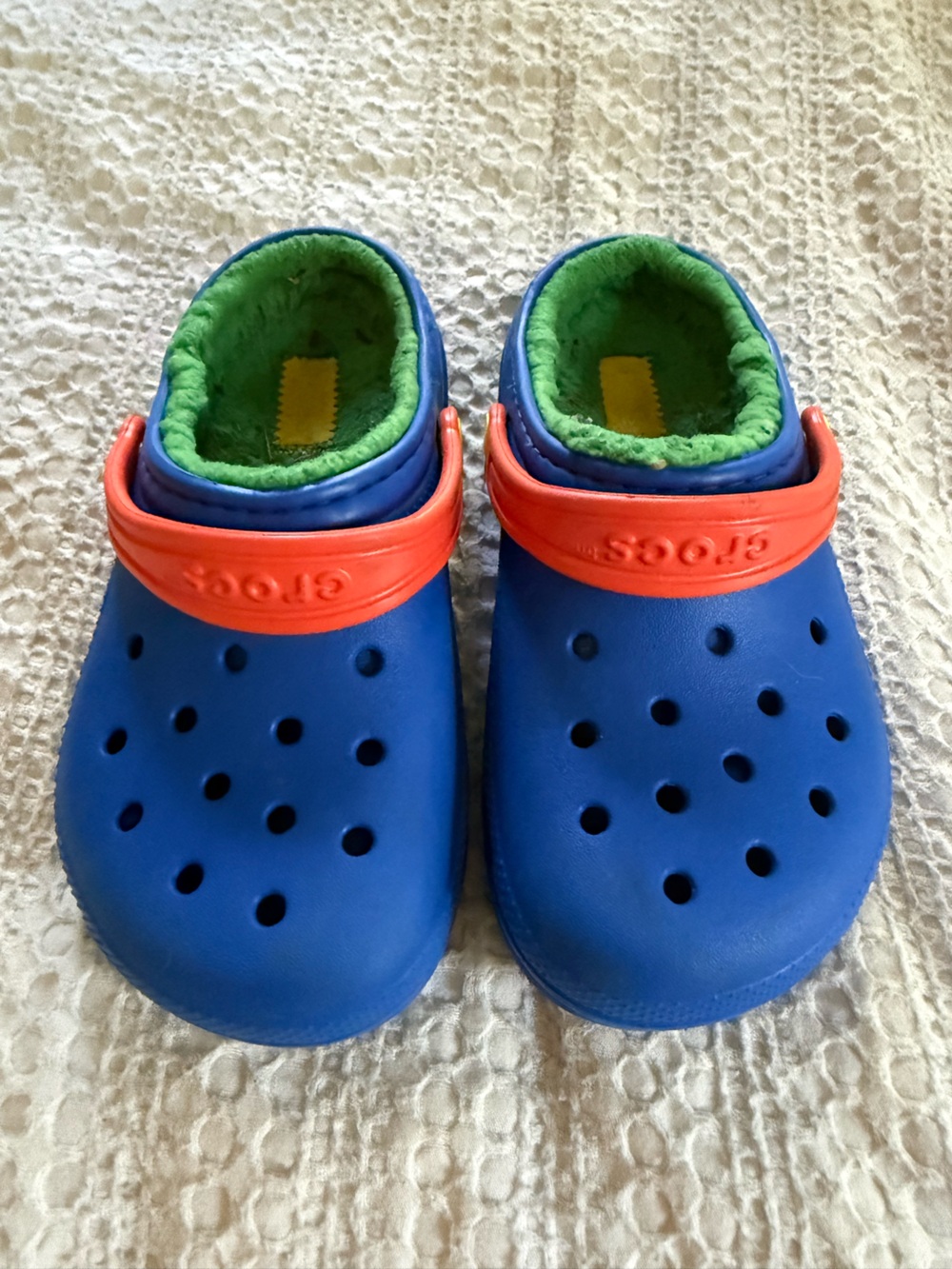 Kids Blue crocs Shoes with Orange Strap and Green Lining - Brand Crocs